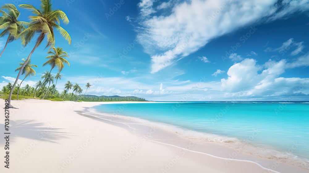 Panoramic shot of the sea and the shore covered in palm trees captured on a sunny day Panoramic shot of the sea and the shore covered in palm trees captured on a sunny day