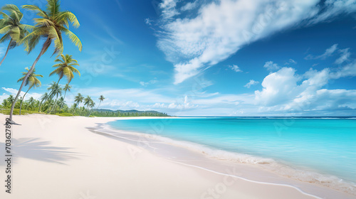 Panoramic shot of the sea and the shore covered in palm trees captured on a sunny day © Kashem