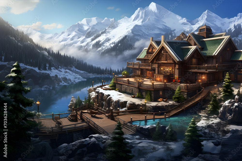 Fototapeta premium Winter ski resort, lodge, alp resort, beautiful luxus resort