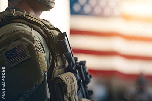 American patriot soldier concept over american flag background. Neural network AI generated art photo