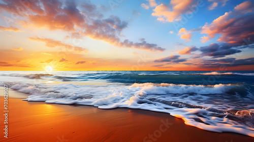 Golden sunset sky. Seascape horizon. Tropical sea and sandy shore.