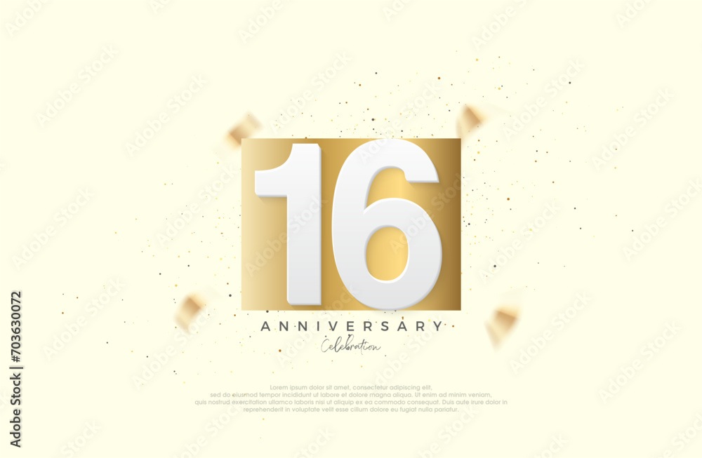 16th anniversary celebration, with numbers on elegant gold paper. Premium vector for poster, banner, celebration greeting.
