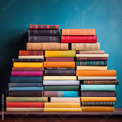 A stack of colorful books on a library shelf.