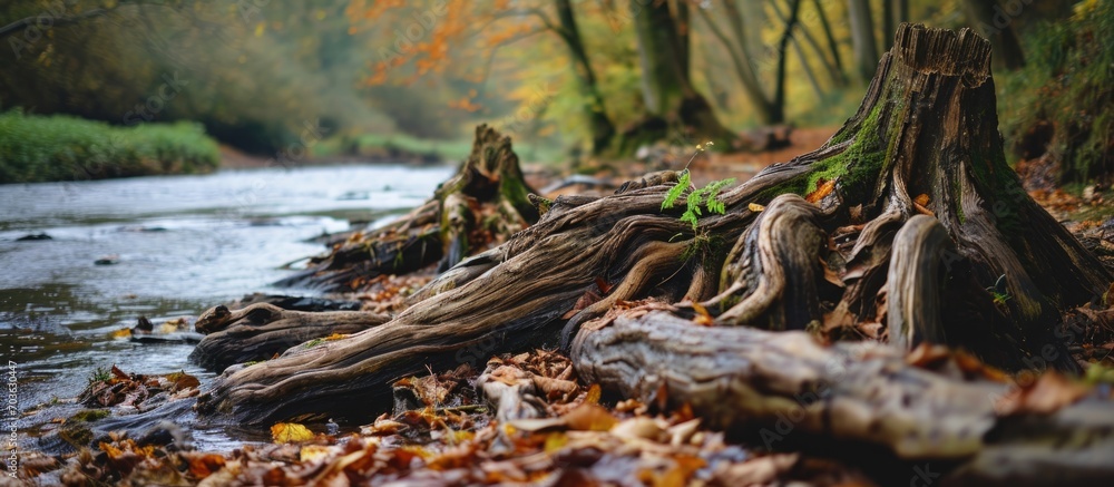 Fallen tree trunks with leg-like shapes display unique wood grain on leafy riverbank in Sheffield's Porter Valley. Fallen tree trunks with leg-like shapes display unique wood grain on leafy riverbank in Sheffield's Porter Valley.