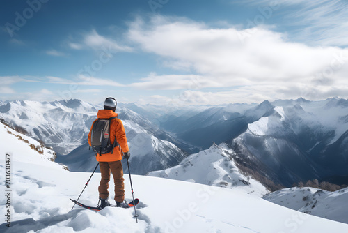 skier on top of a mountain, skier on mountain, skie, winter sport, alps, himalaya, wintersports