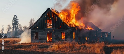 Burning farm building emits flames and smoke.