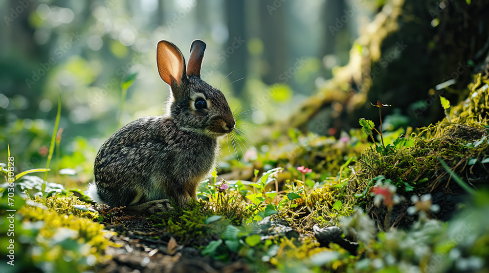 Fototapeta premium Adorable Little Rabbit in a Forest with Backlight