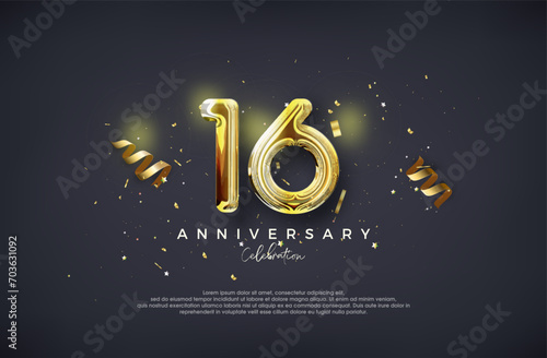 16th Anniversary. With luxury glossy gold design. Premium vector for poster, banner, celebration greeting. photo