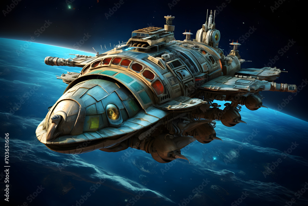 Naklejka premium turtle space ship, space ship turtle shaped, fantasy, turtle fantasy