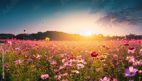 Beautiful and amazing cosmos flower field landscape