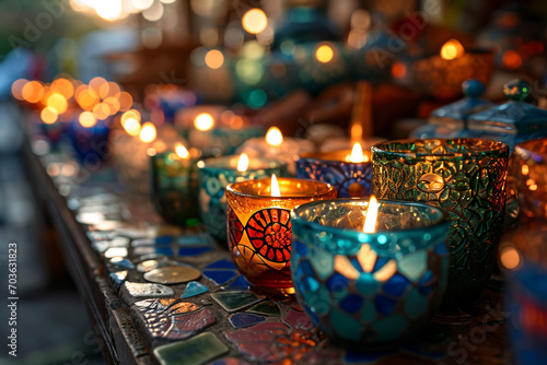A bustling spice market portrayed in a mosaic of vibrant colors on a candle, filling the air with the exotic scents of cinnamon, cardamom, and clove.