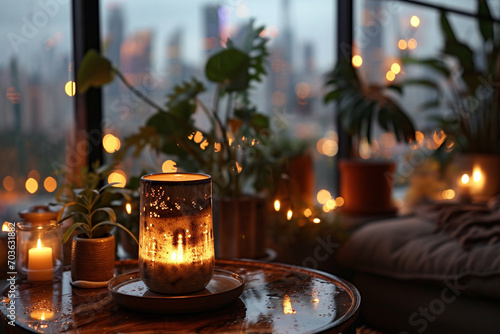 A sophisticated city skyline portrayed on a sleek  modern aroma lamp  diffusing the fragrance of urban rain and the promise of a bustling metropolis.