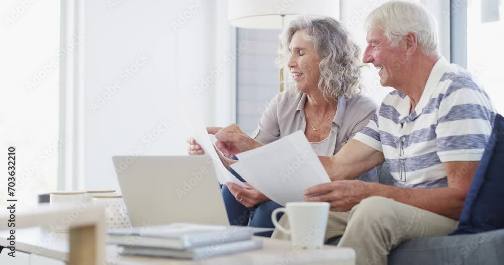 Senior couple, budget and documents for finance, asset management or pension investment plan. Happy man, woman and reading paperwork of banking report, bills or insurance policy of retirement savings Senior couple, budget and documents for finance, asset management or pension investment plan. Happy man, woman and reading paperwork of banking report, bills or insurance policy of retirement savings