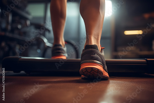 Close up foot sneakers Fitness girl running on track treadmill, muscular legs in exercise gym