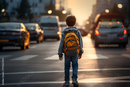 Schoolboy with a backpack crosses a dangerous section of the road at an unregulated pedestrian crossing, going to school. Attention on the road, violation of traffic rules photo