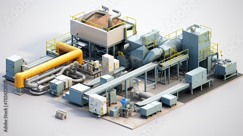 Modern plant for sorting and recycling household waste and waste. Large industrial complex of conveyors, bunkers. Recycling and storage of waste for further disposal. Generative Ai