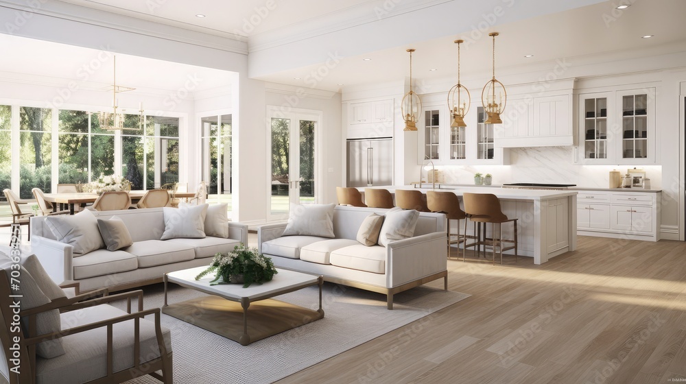 Beautiful Living Room, Kitchen, and Dining Room in New Luxury Home with ...