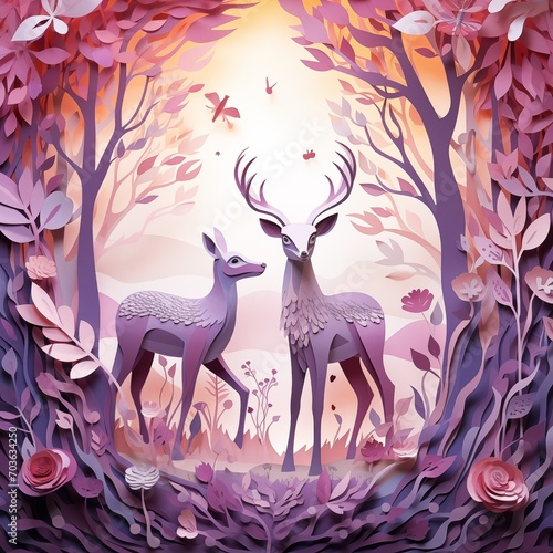 Cute paper cut out deer family in wood © MIA