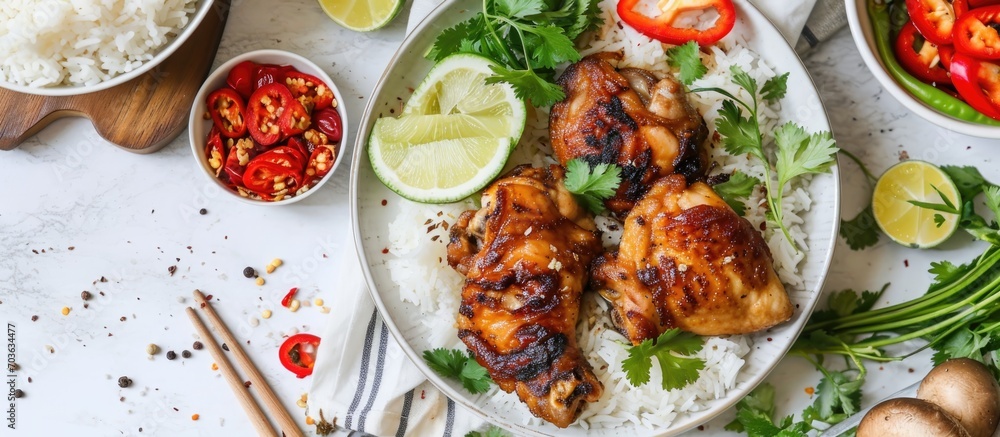 Fried chicken with rice, vegetables, and mushrooms on a white table. Fried chicken with rice, vegetables, and mushrooms on a white table.
