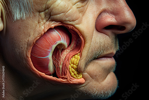 Abstract image of the jaw with muscles and soft tissues of the cheekbones of the face. Not anatomical. photo