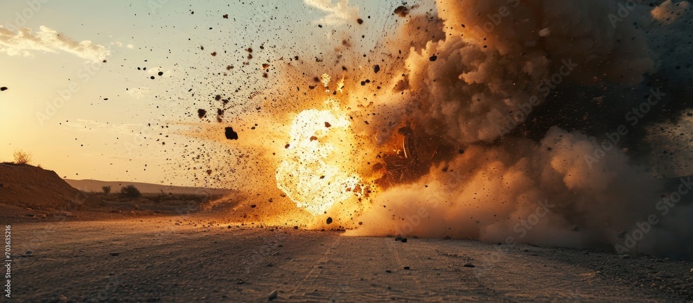 Remote-controlled robot (robot-sapper) causing explosion captured in close-up photo.