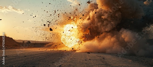 Remote-controlled robot (robot-sapper) causing explosion captured in close-up photo. photo