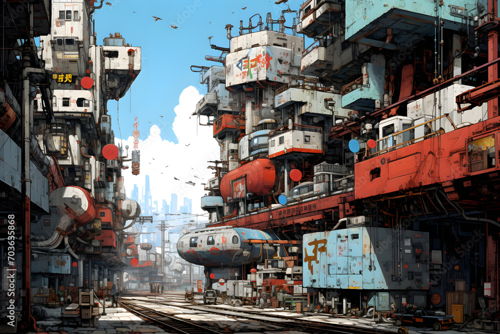 Naklejka premium Anime city, anime city vibe, city, drawn city, big huge city