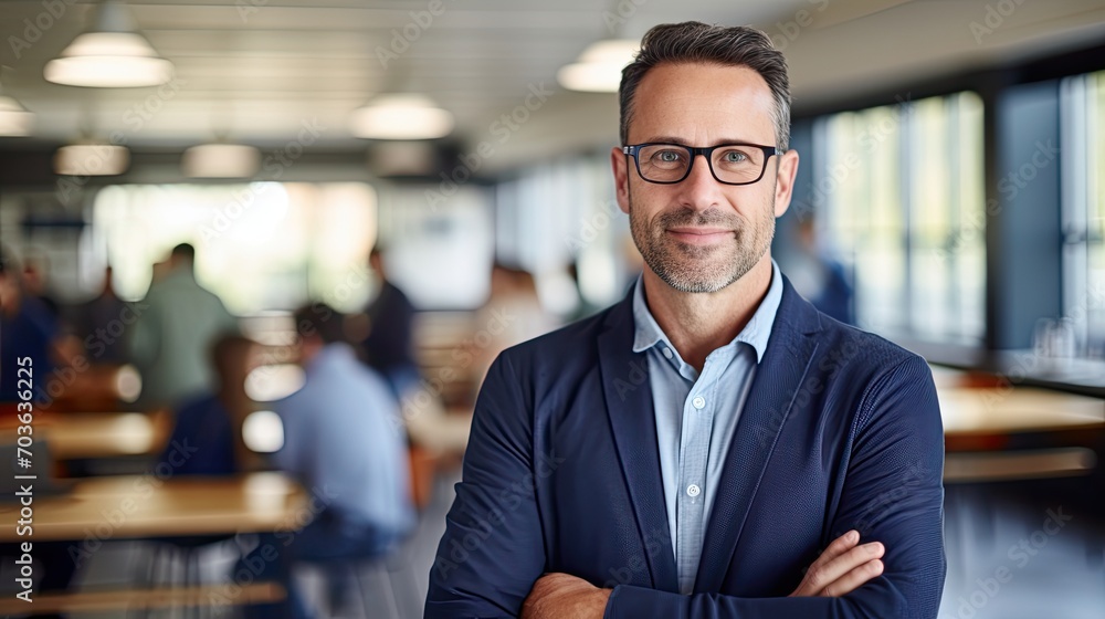 © morepiixel - Handsome american male school teacher with glasses standing in the classroom. Blurry classroom background.