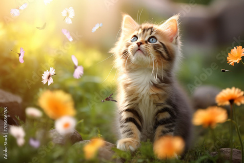Cute kitten cat in color garden