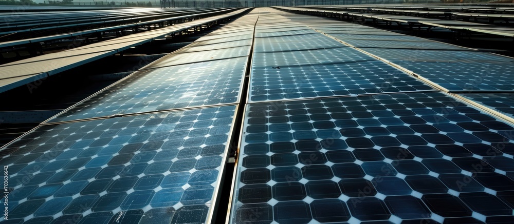 Fototapeta premium Solar panels on building roof, Renewable energy system electricity generation, Maharashtra, India.