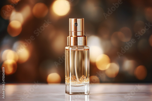 Luxury serum cosmetic bottle on blurred background