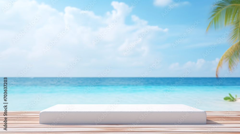 Elegant white product presentation podium on a beach backdrop, ideal for showcasing luxury goods. AI Generative