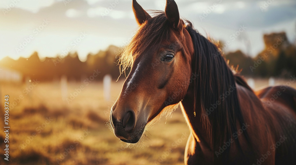 Obraz premium A close-up portrait of a regal horse standing in a serene field, capturing the elegance and intelligence in its eyes