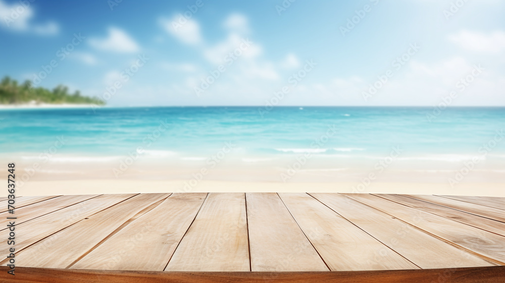Fototapeta premium Serene beach backdrop for product display, featuring clear blue skies, calm waters, and smooth wooden platform foreground. AI Generative