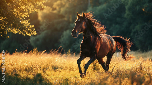 A majestic horse galloping freely in a sunlit meadow, its mane flowing in the wind with a sense of untamed grace