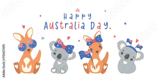 Australia Day banner, Group of animal baby kangaroos and koalas cartoon animal with balloons and flag