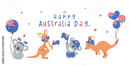 Australia Day banner, Group of animal baby kangaroos and koalas cartoon animal with balloons and flag