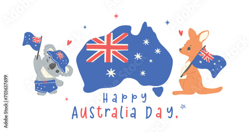 Australia Day banner, Adorable animal baby kangaroo and koala cartoon animal with map and flag