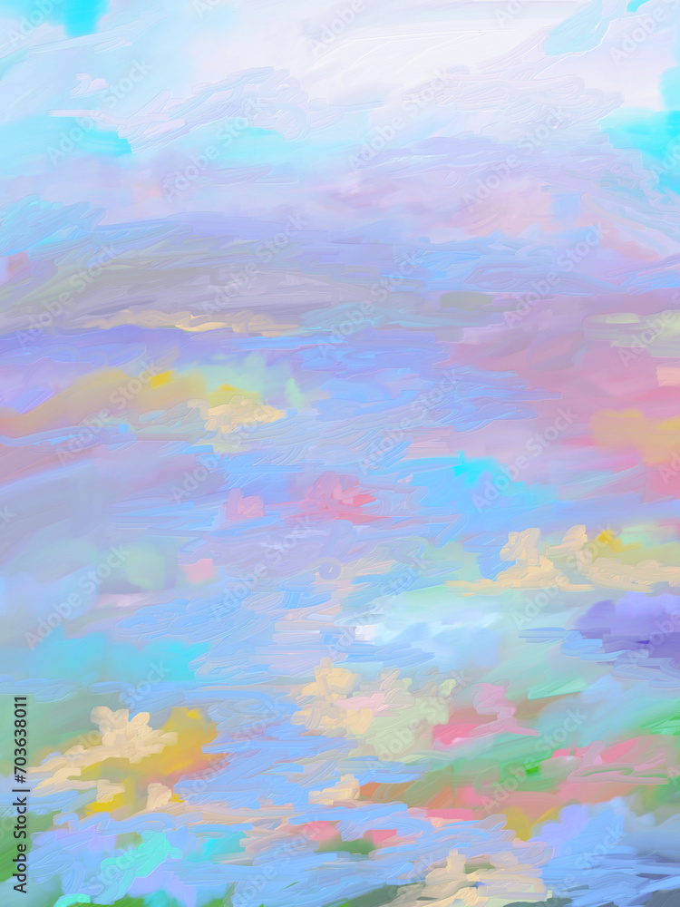 Impressionistic Meandering Stream or Brook in the Meadow or Valley in Lavender, Purple, Orange, Aqua & Yellow-Digital Painting, Art, Artwork, Design, Illustration