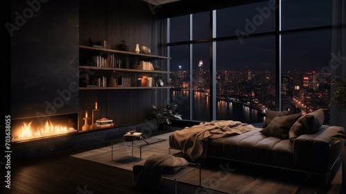 dark modern stylish male apartment interior with lighting, decorative walls, fireplace, dressing area and huge window