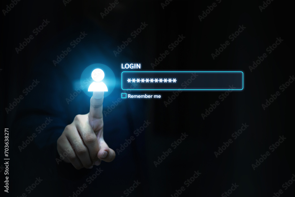 Hand touch login username and password icon for safety internet security access or user sign registration menu for social media member verification account or submit register concepts. Hand touch login username and password icon for safety internet security access or user sign registration menu for social media member verification account or submit register concepts.