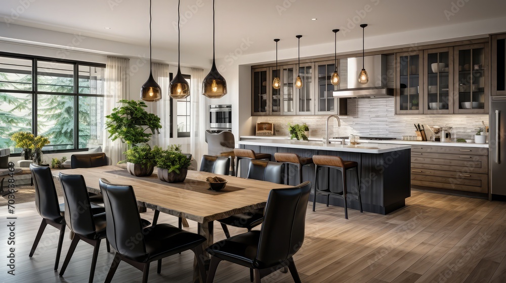 Dining Room and Kitchen Interior in New Luxury Home: Kitchen has Island, Sink, Cabinets, and Hardwood Floors. Dining Room has table with place settings. Pendant Lights accent Both Rooms