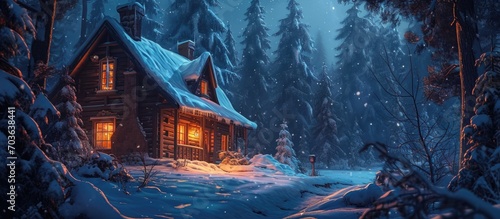 Nighttime winter scene in a forest with a snowy, wooden cottage illuminated by light through a window. photo