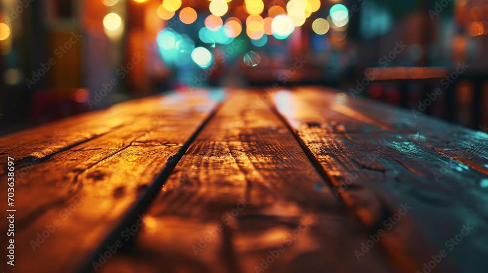 A wooden table set against a blurred bokeh background, capturing the glow of neon lights at night, providing an ambient and cozy atmosphere for the surroundings.