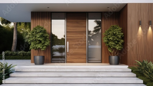 Front door entrance to modern house with hardwood floors