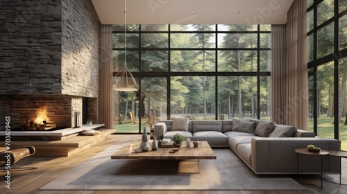 Large open living room in new contemporary luxury home with large stone fireplace surround. Features wall of windows which invite natural light and showcase exterior view of trees. © kashif 2158