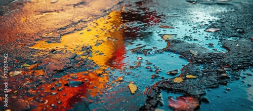 Colorful gasoline stains on asphalt resembling a textured background.