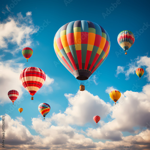 Colorful hot air balloons against a clear blue sky.