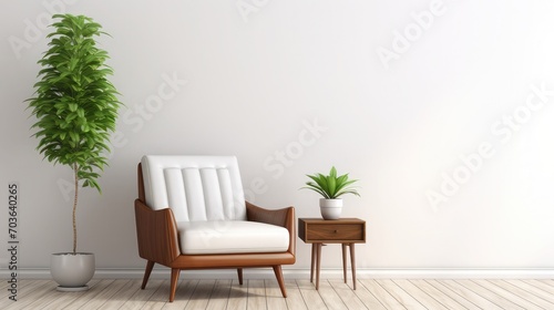 Modern mid century and minimalist interior of living room ,leather armchair with table on white wall and wood floor ,3d render