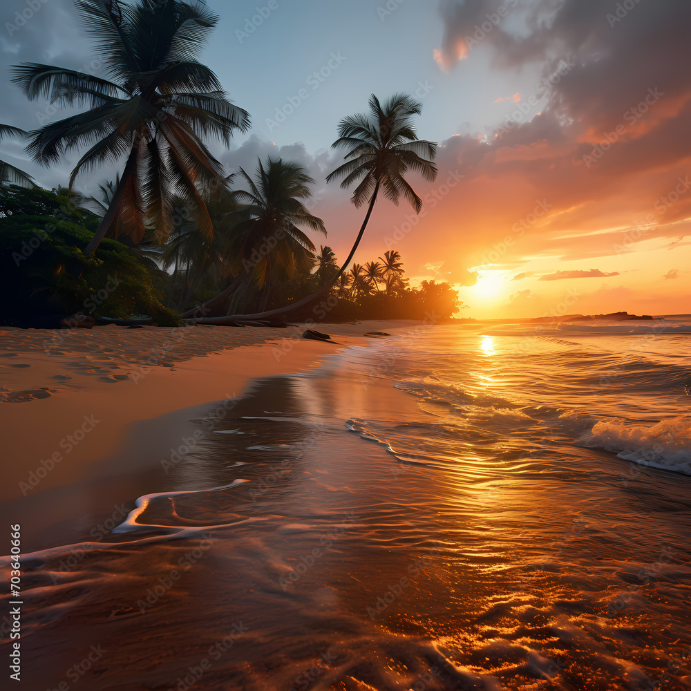 A tropical beach at sunrise.